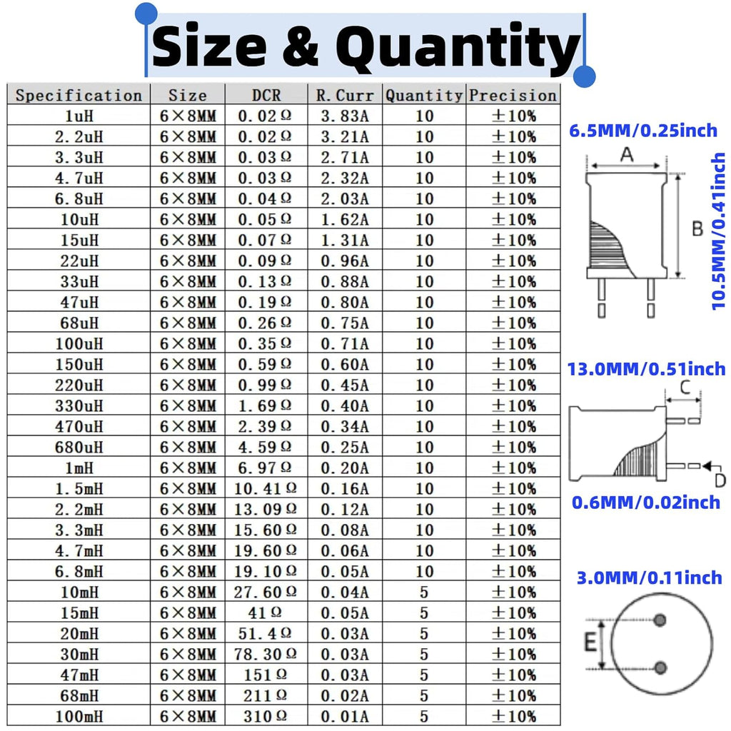 265PCS Inductor Kit,30 Values 1uH-100mH,6x8mm DIP Radial Choke,DIY
