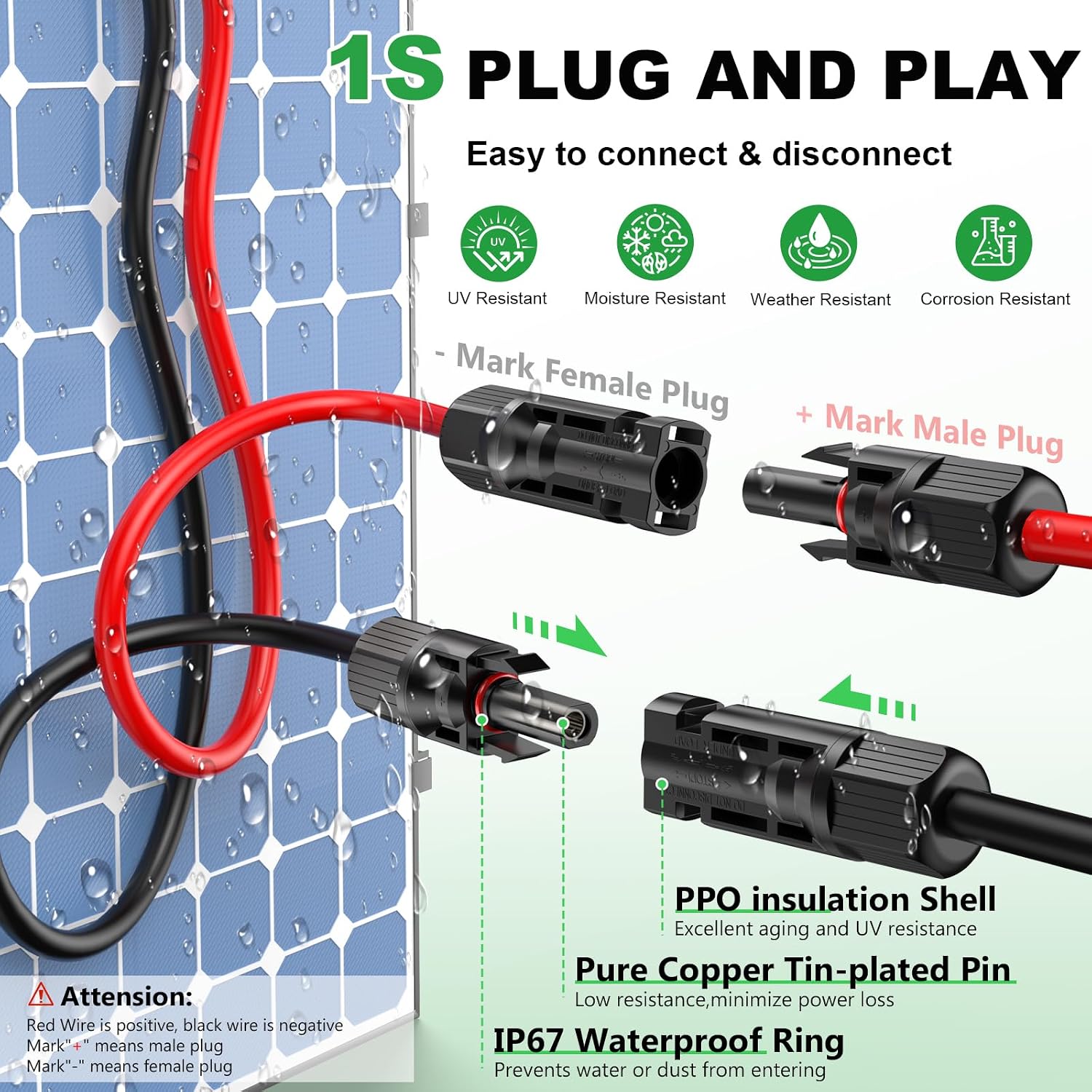 Solar Extension Cable 30Ft 10AWG, Solar Wire, 10 Gauge Tinned Copper PV Wire, Solar Panel Cables with Waterproof Male
