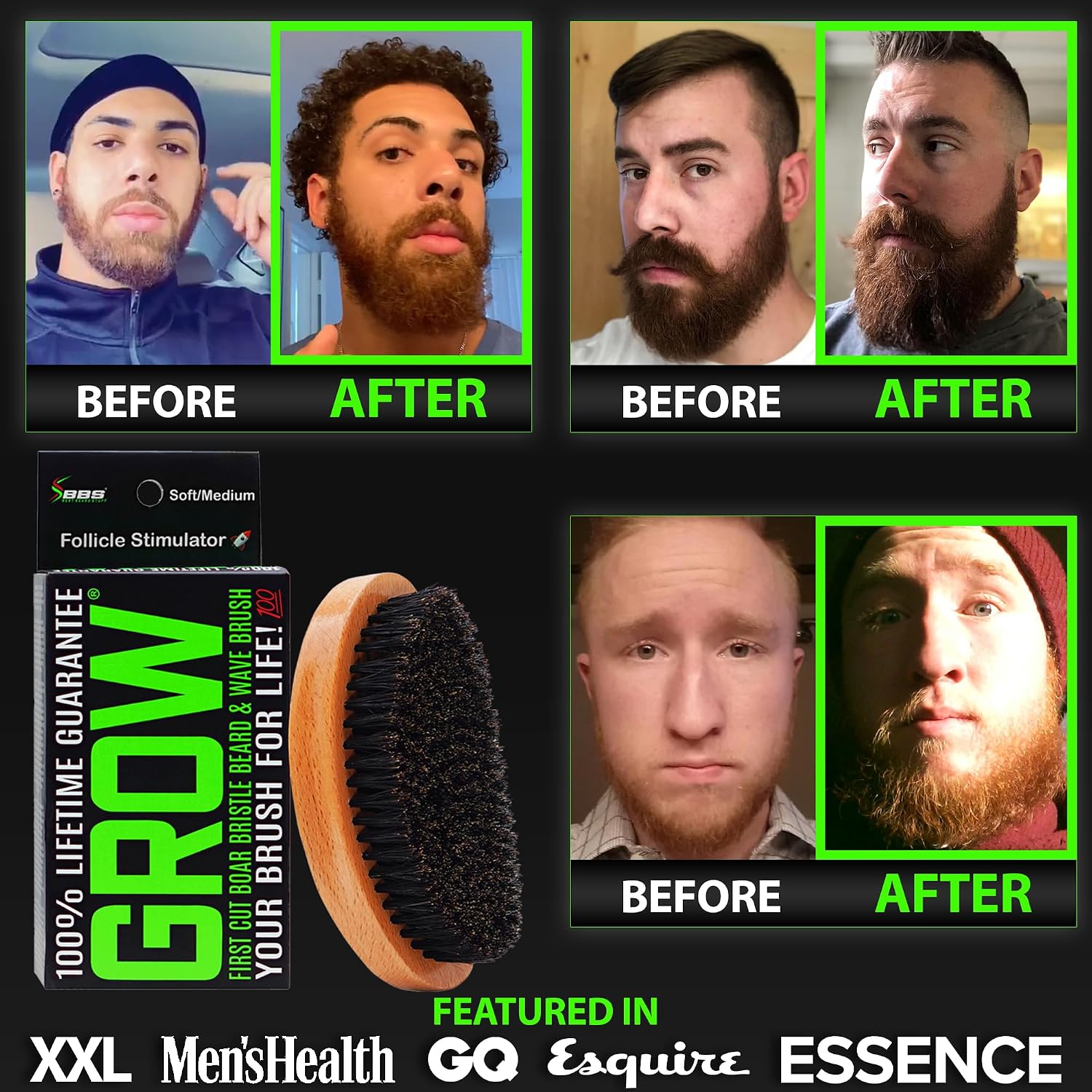 GROW Beard Brush & 360 Wave Brush for Men - Natural Boar Bristle For Fuller, Thicker Hair, Beard & Mustache - Premium