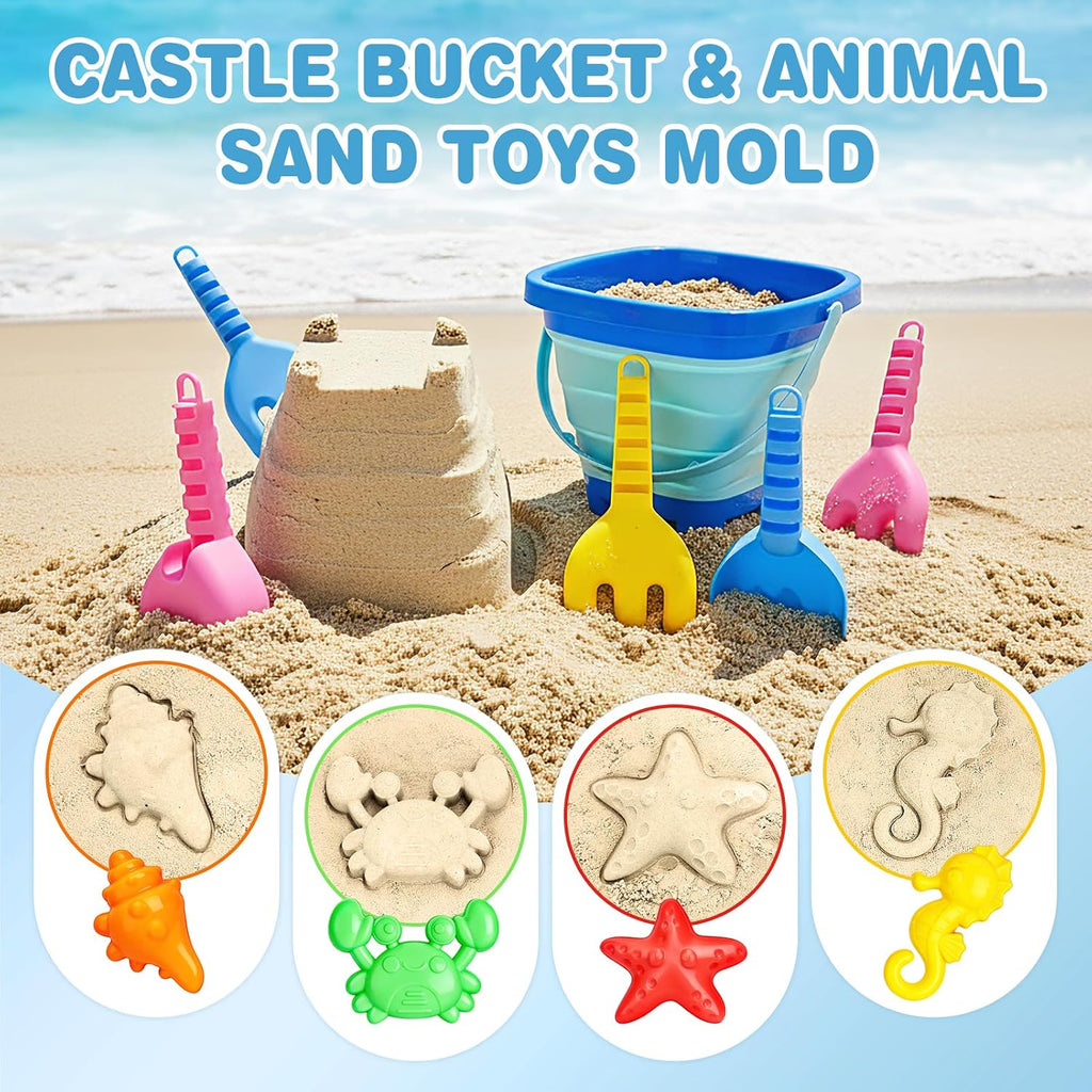 Beach Toys for Kids 3-10, Collapsible Sand Castle Toys for Beach Include 3 Pack Foldable Buckets, Shovels Molds and