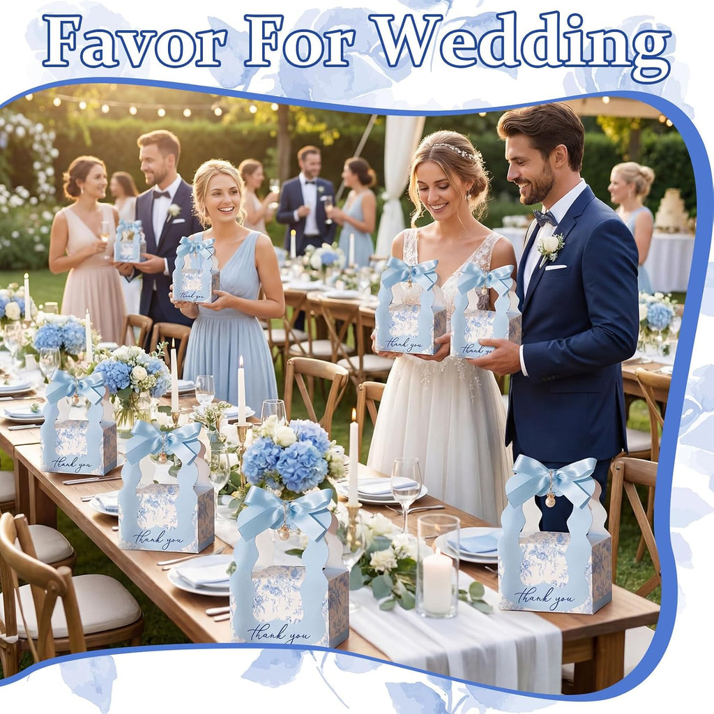 50 Sets Floral Wedding Favor Boxes with Pearl Pendant Bow, Blue