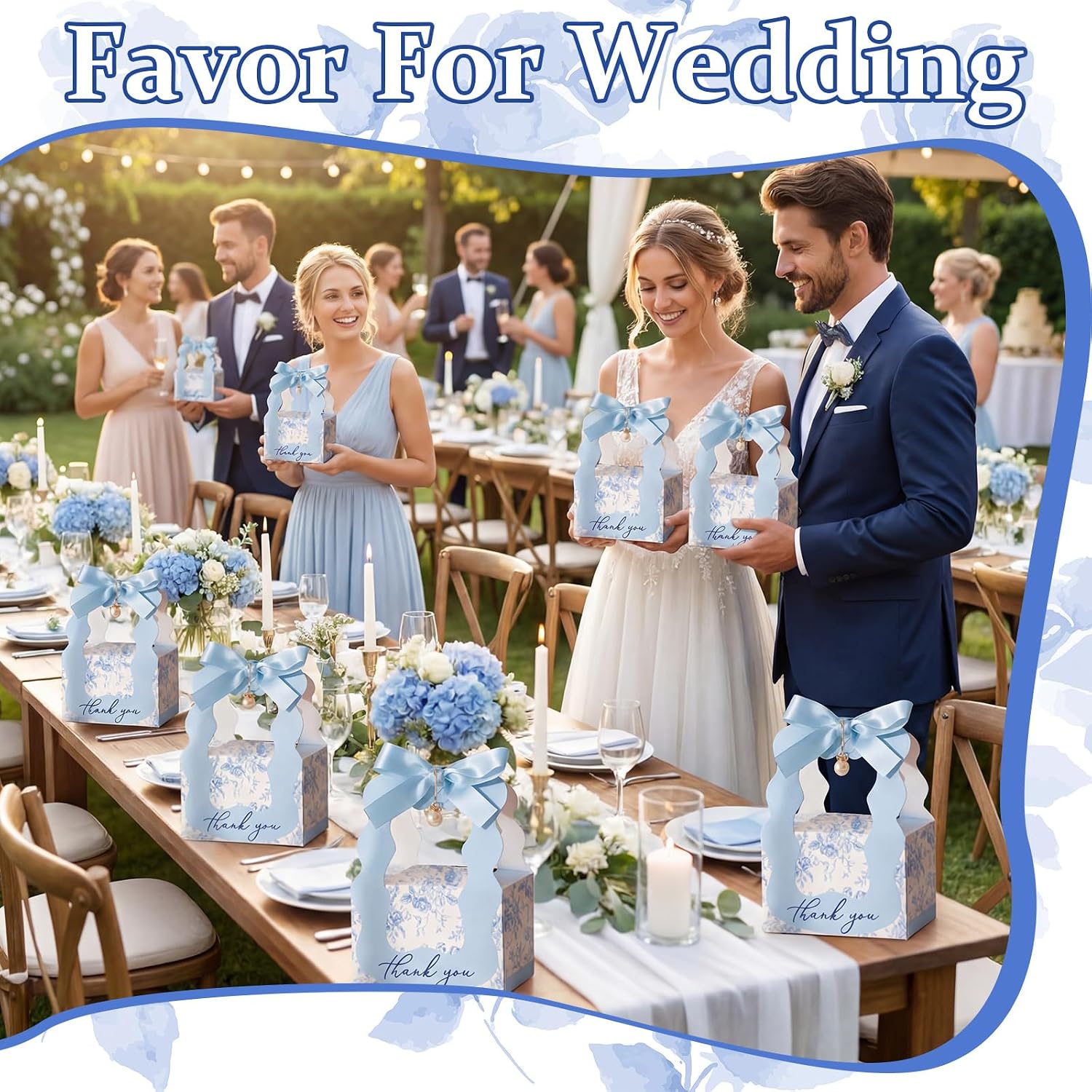 50 Sets Floral Wedding Favor Boxes with Pearl Pendant Bow, Blue