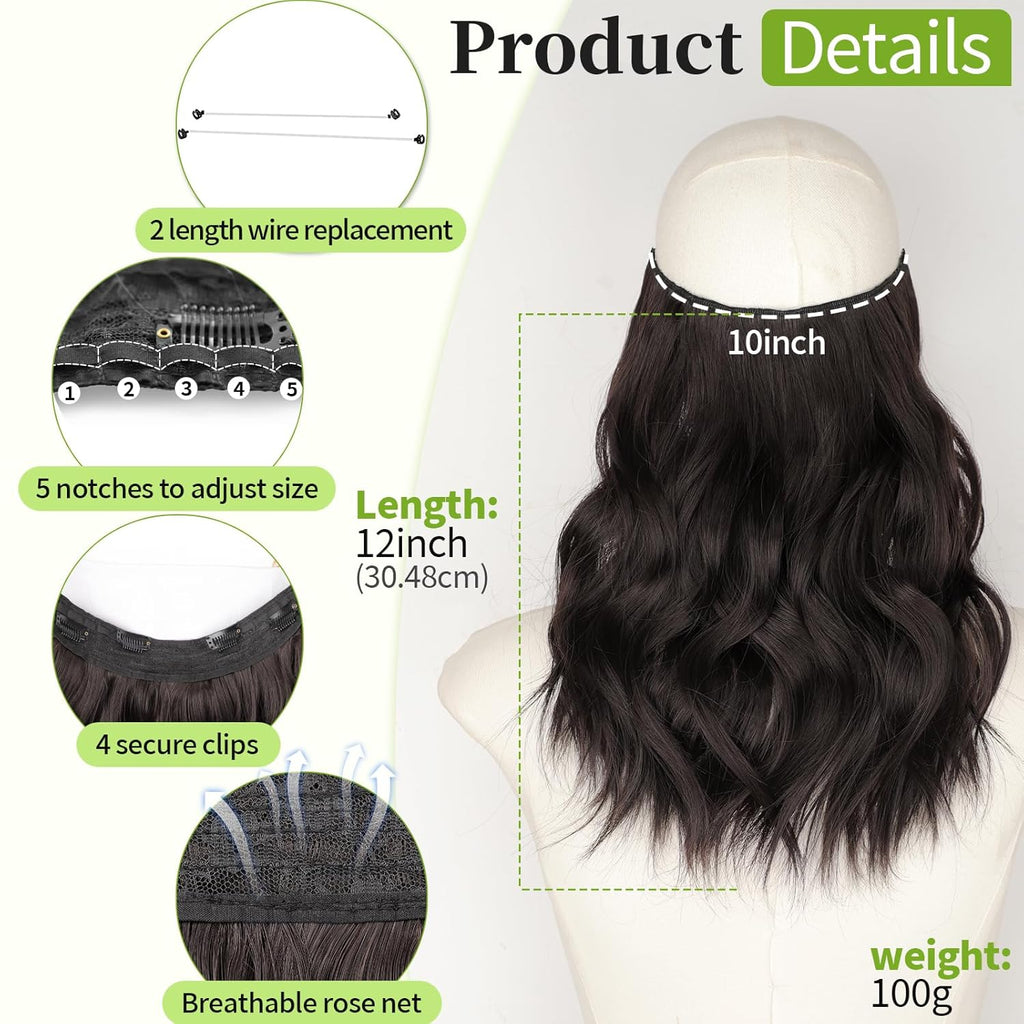 Wavy Invisible Wire & Clip In Hair Extensions Dark Brown/6# 12" | 1 Single Piece Clip In Extension,Adjustable Size