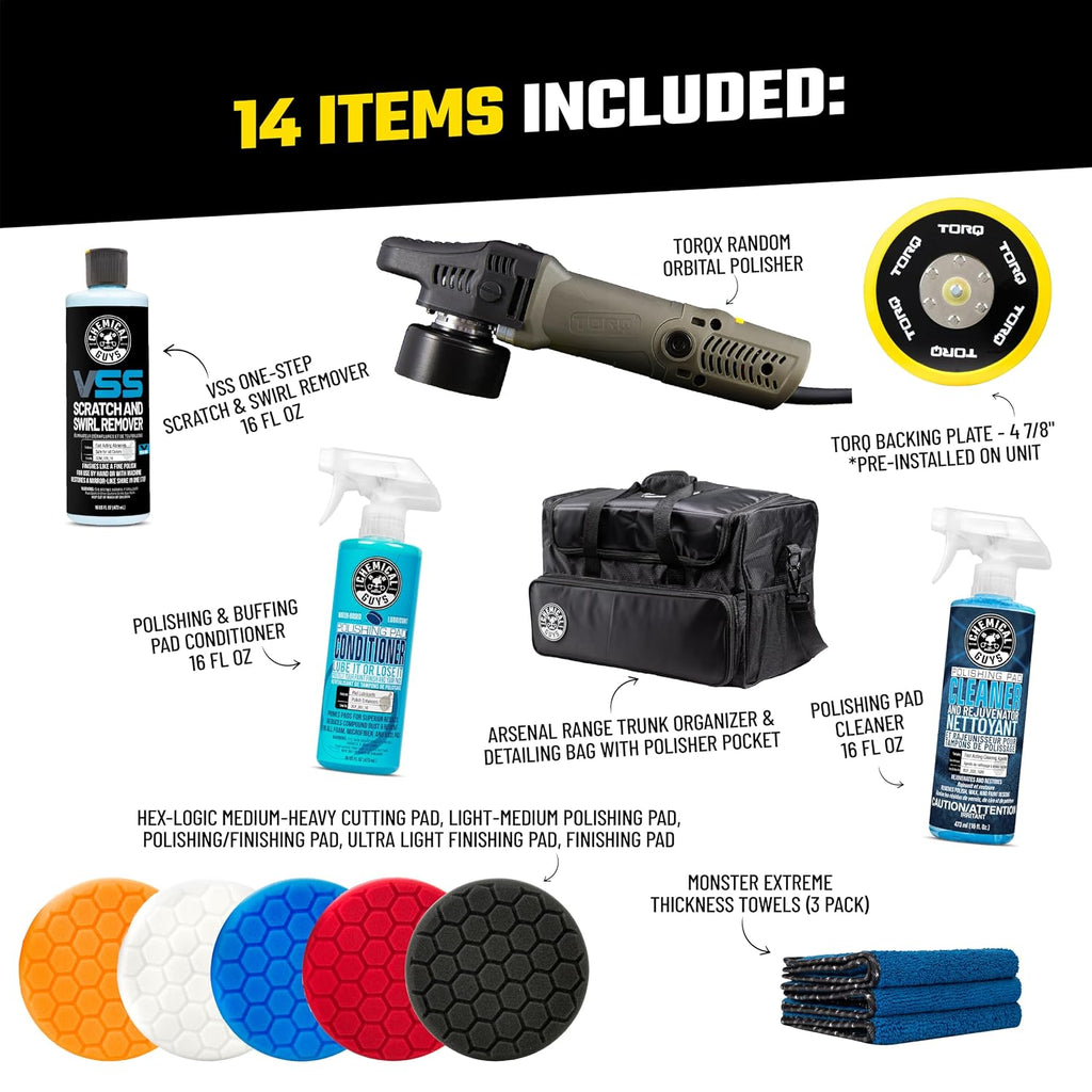 TORQX Dual Action Polisher Detailing Kit with Bag, 13-Piece | 800W 9mm dual-action polisher with cutting, polishing