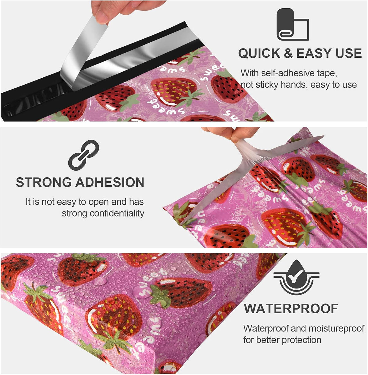 6x9 Poly Mailers 100 Pack, Watercolor Strawberries Design