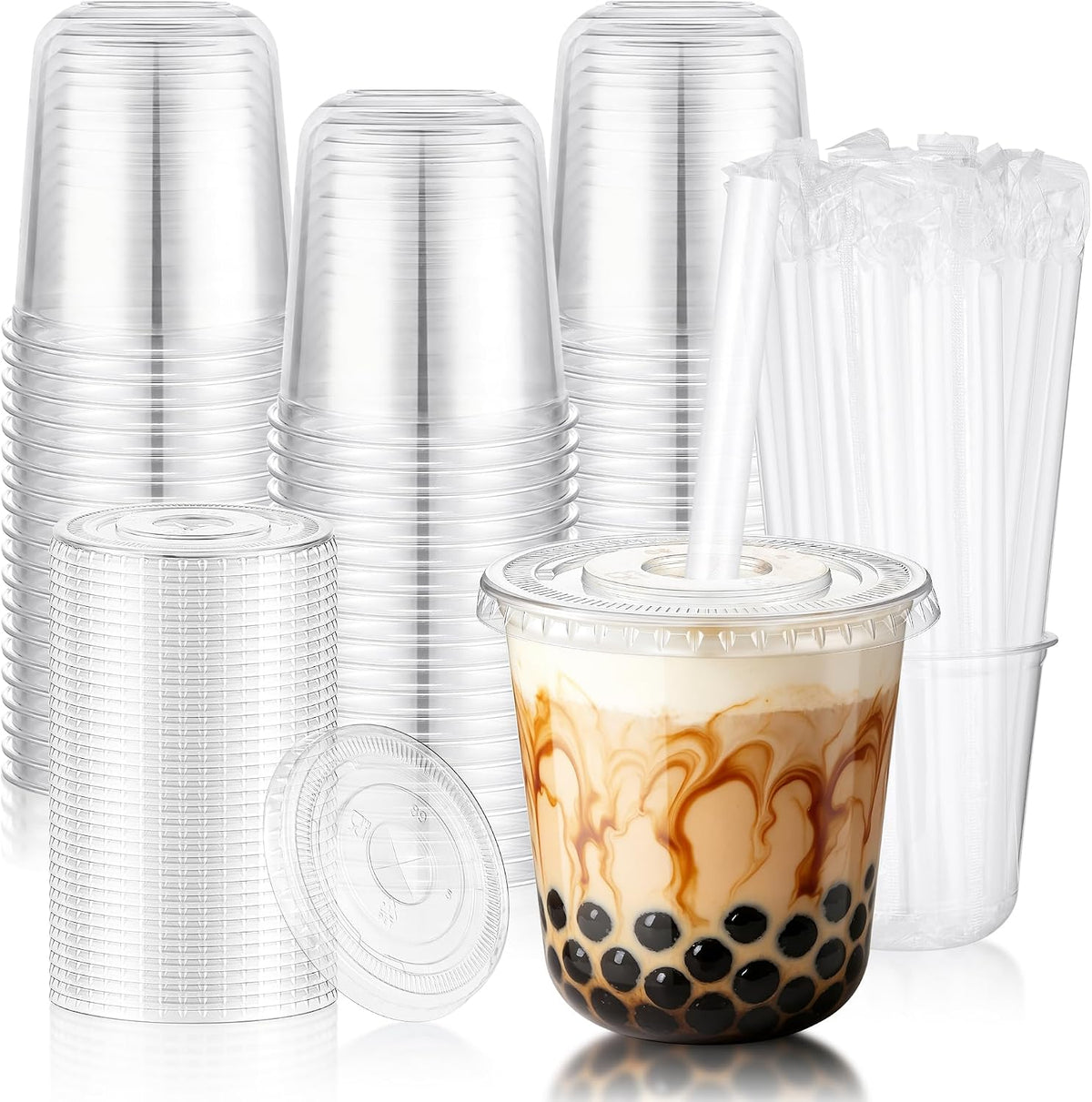 50 Pcs 12 OZ Clear Plastic Slushie Boba Cups with Lids and Straws