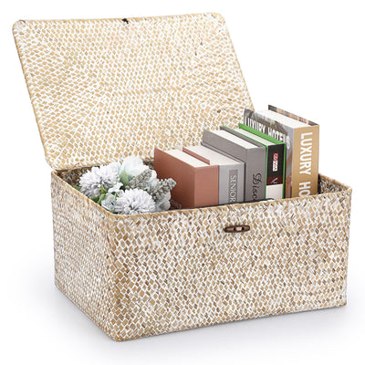 Wicker Woven Baskets Bin with Lid Seagrass Storage Basket, X-Large