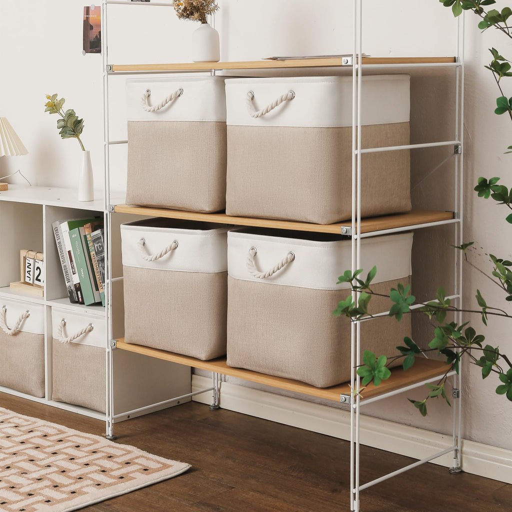 13 x 13 Inch Cube Storage Bins, 6 Pack Extra Large Collapsible Fabric Storage Bin with Ropes, Foldable Storage Cubes