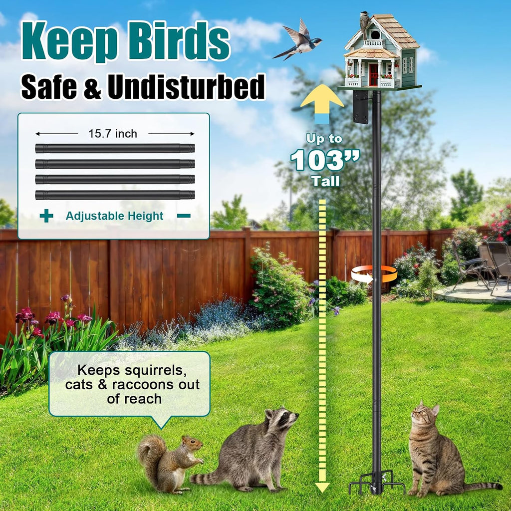 Heavy Duty Bird Feeder Pole - 103" Extra Tall Bird House Stand Outdoor, Anti-Tip Stakes & Stable Mount for Smart