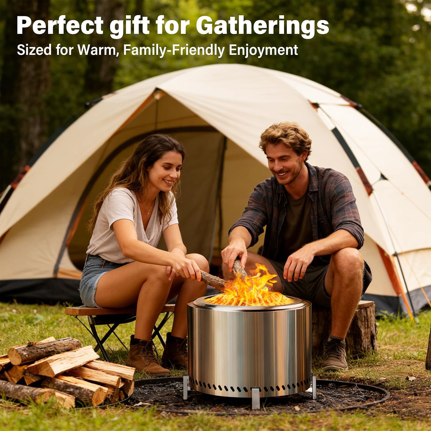 20 Inch Smokeless Fire Pit with Stand, Stainless Steel Wood Burning Stove, Outdoor Firepit with Removable Ash Pan for