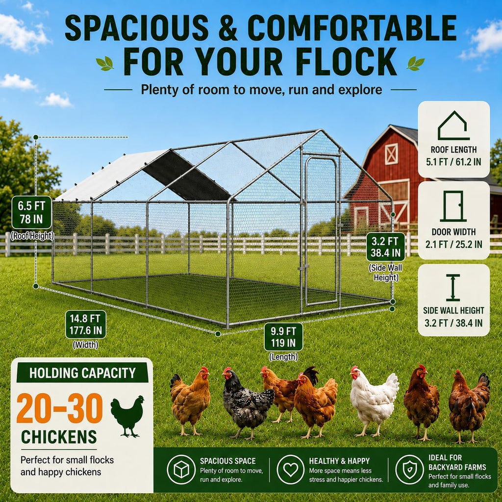 Metal Chicken Coop, 10x15x6.5FT Chicken Run for Yard with Cover