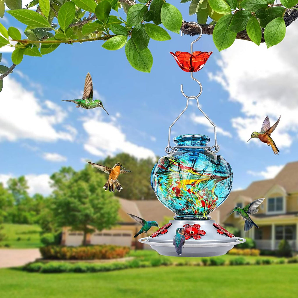 Hummingbird Feeders for Outdoors Hanging, Hand Blown Glass, Blue