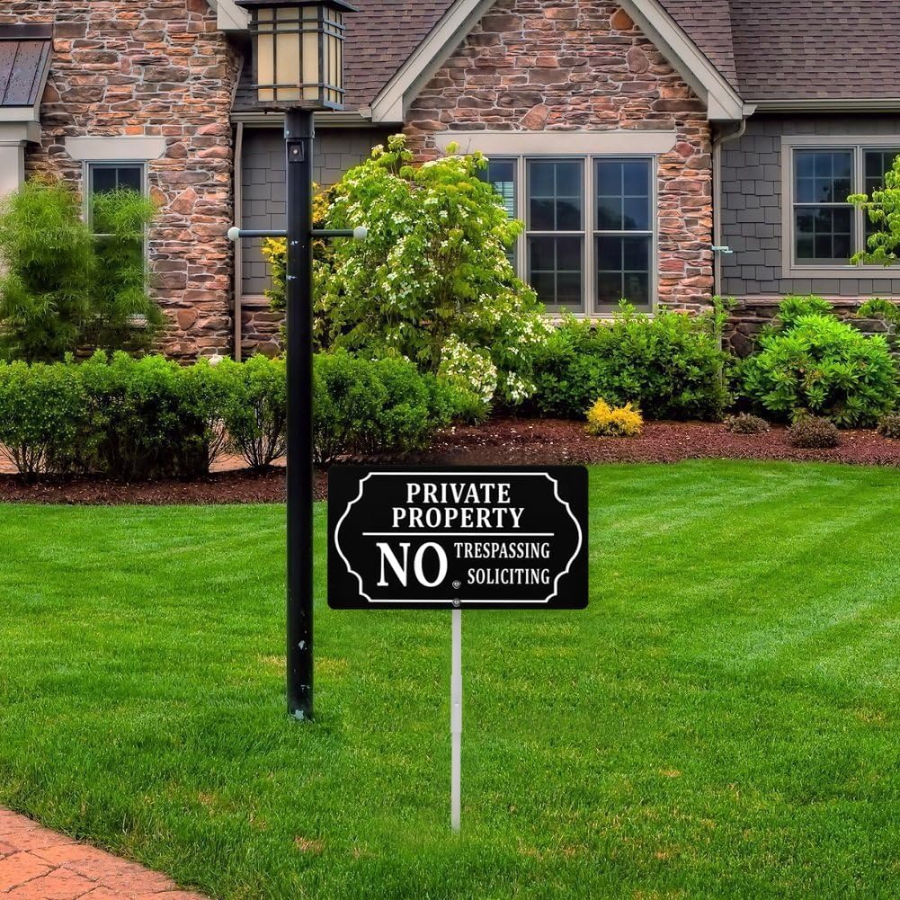 Private Property Sign, 7 x 13 Inch/35 Inch High | No Soliciting No Trespassing Sign with Metal Stake, Aluminum