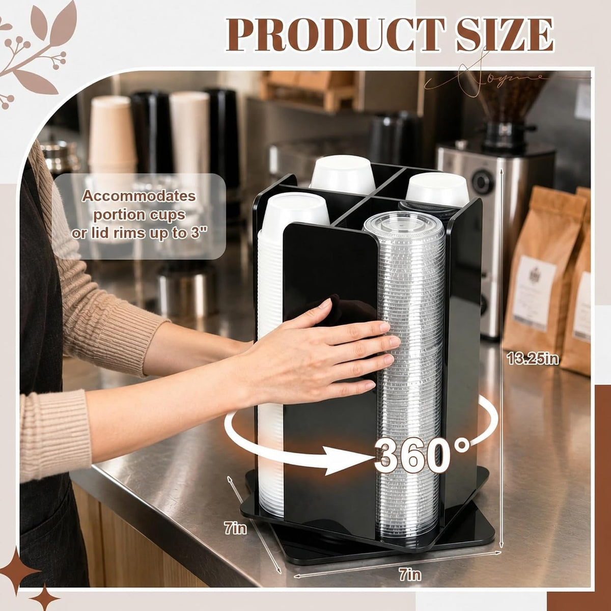 Acrylic Rotating Portion Cup and Lid Organizer, Solid, Black