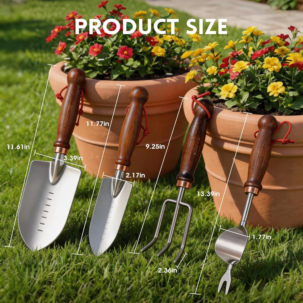 Garden Tools, 4 Pack Garden Shovel with Wooden Handles Hand Tools with Transplanting Hand Shovel, Rake and Root