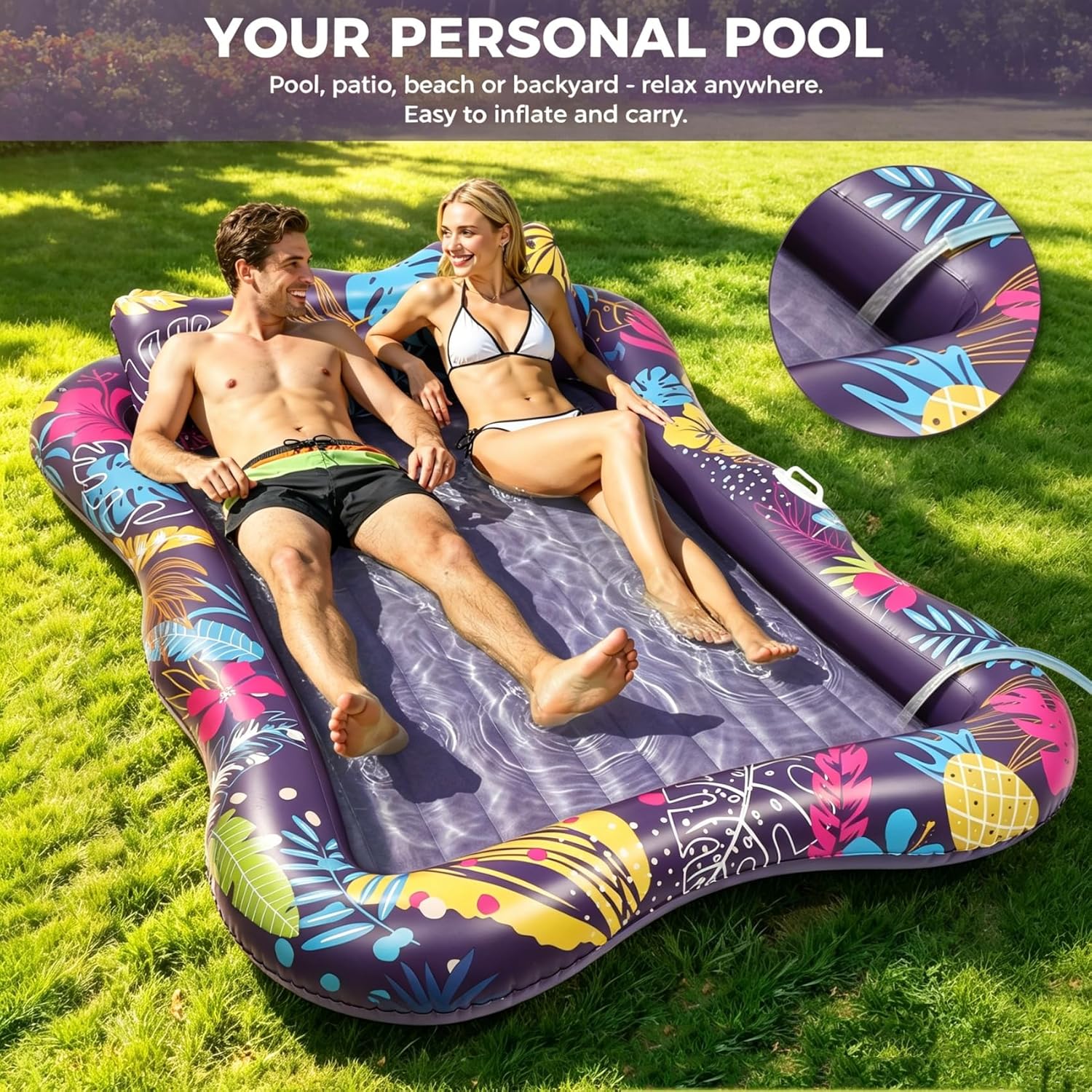 Extra Large Pool Floats Adult, 81" x 60" Inflatable Tanning Pool Lounger Float with Pillow and Cup Holders, Sun