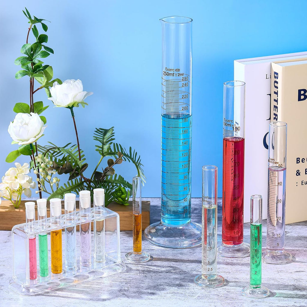 6 Glass Graduated Cylinders 5-250ml with Test Tubes Rack Lab | 6 Measuring Sizes for Experiments, Includes Test Tubes