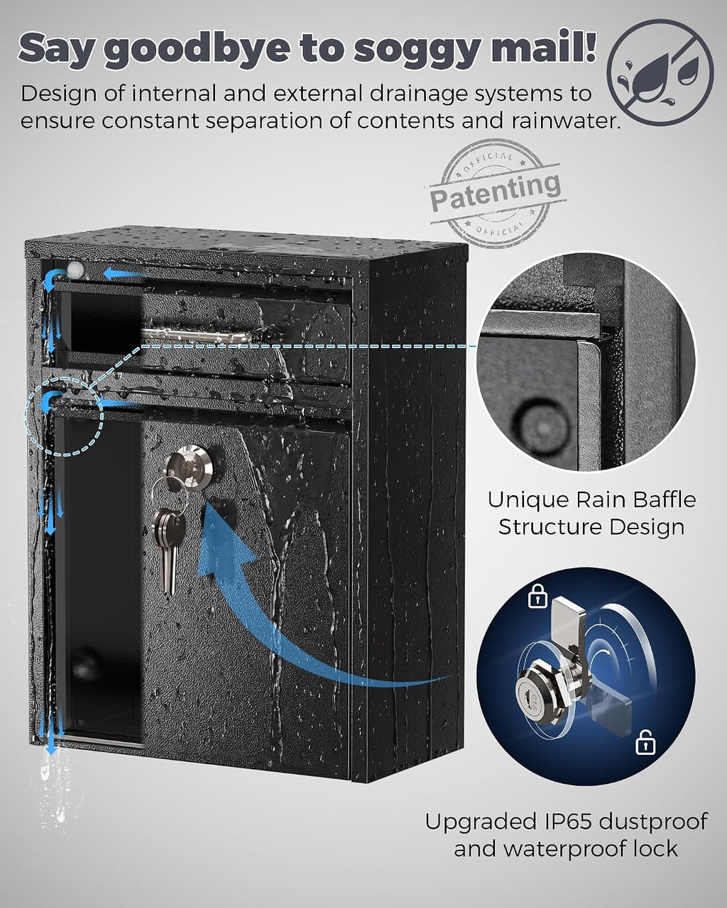 Mailbox for Outside Wall Mount, Heavy Duty Rustproof, Anti-Theft Locking Mailbox with 4 Keys, Weatherproof for