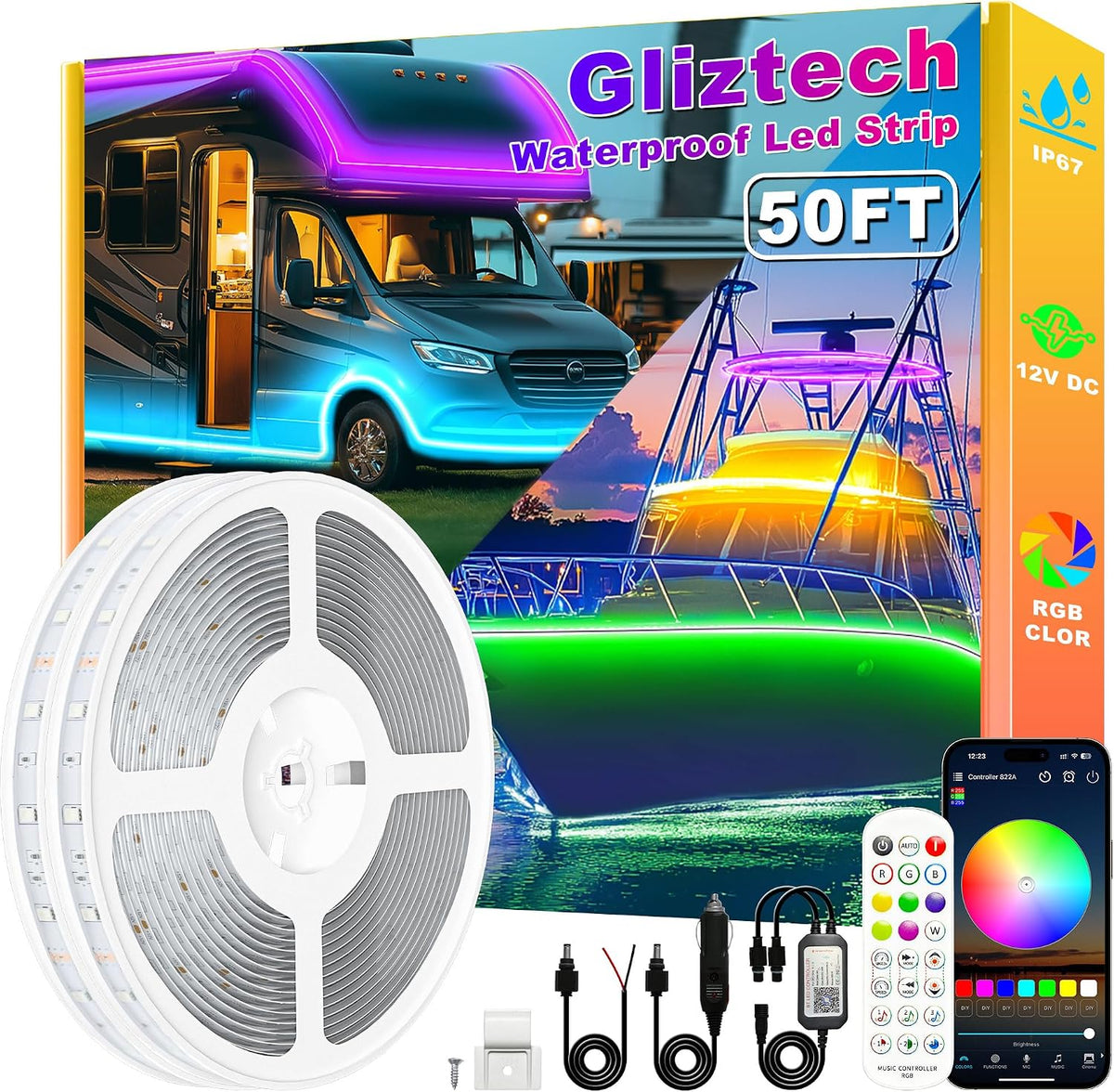 Gliztech 50FT Led Boat Lights, Marine Pontoon Led Lights with App
