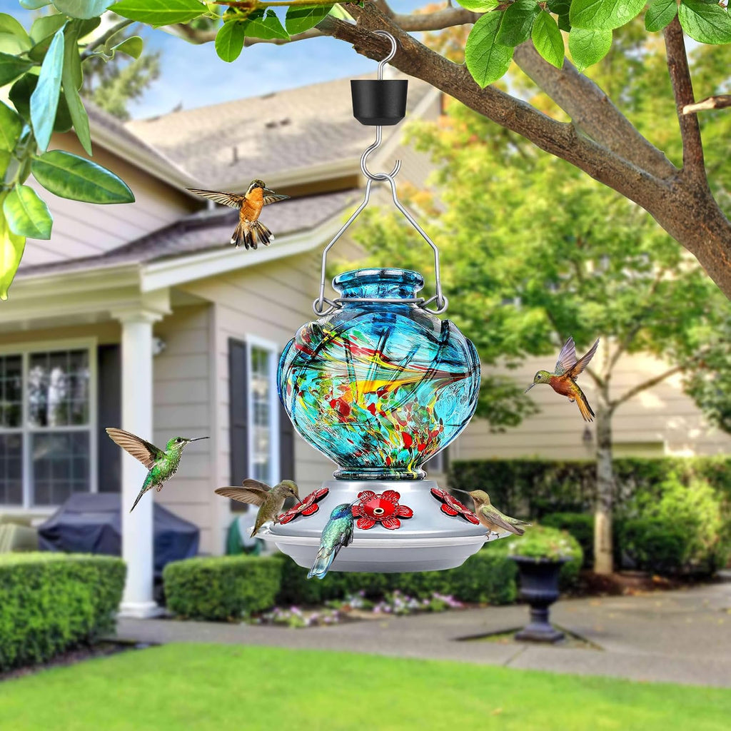 Hummingbird Feeders for Outdoors Hanging, Hand Blown Glass, Blue