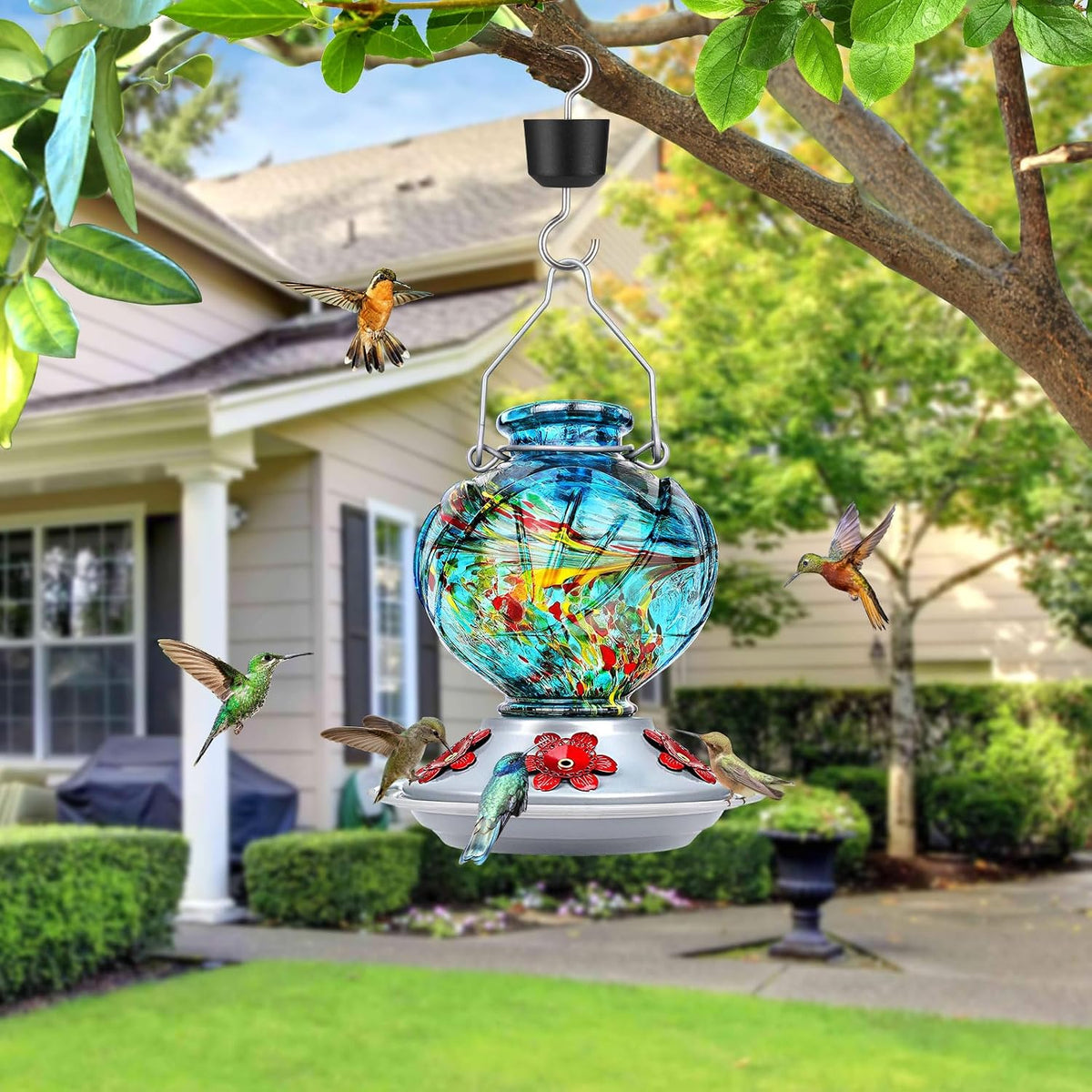Hummingbird Feeders for Outdoors Hanging, Hand Blown Glass, Blue