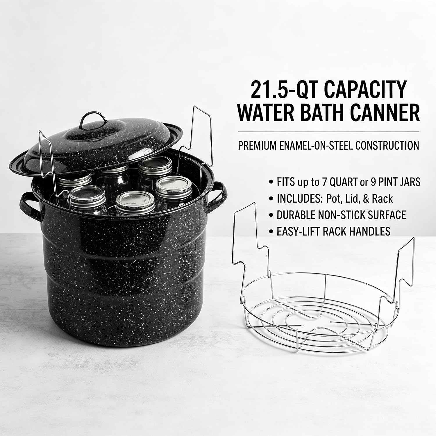Water Bath Canner with Can Rack 21.5 Quart, Porcelain Steel Core Canning Pot for 7 Quart Jars, Black Enamel Canner