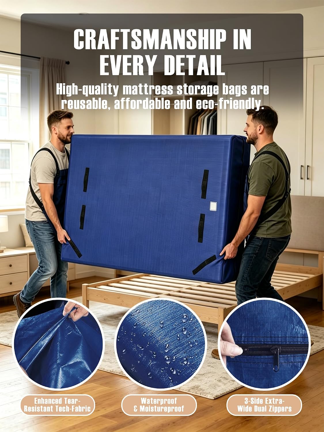 Heavy Duty Mattress Moving Bag with Ergonomic Handles, Blue, King