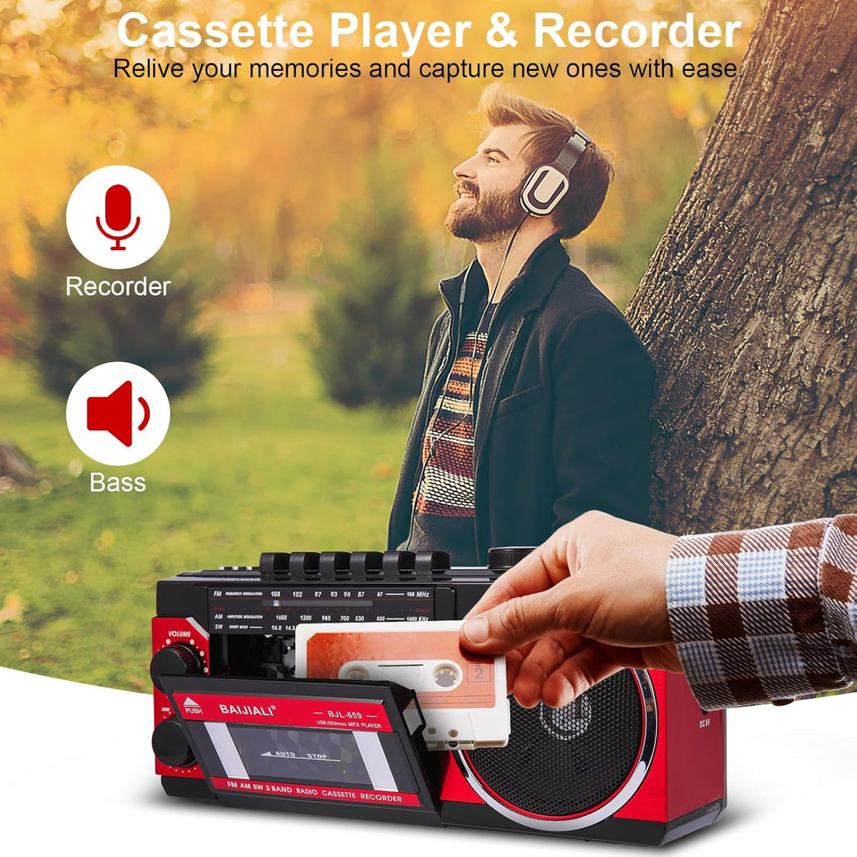 Portable Cassette Player with AM/FM/SW Radio & BT | Boombox for Home and Travel, Record from Radio, Play via SD/USB