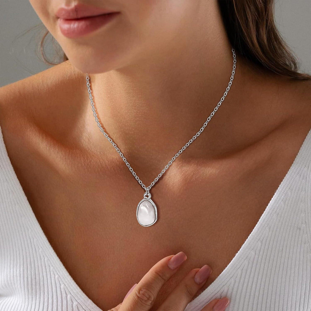 Gemstone Pendant Necklace, Crystal Necklace Teardrop Pendant Necklace Stone Bezel Pendant Necklace Stainless Steel