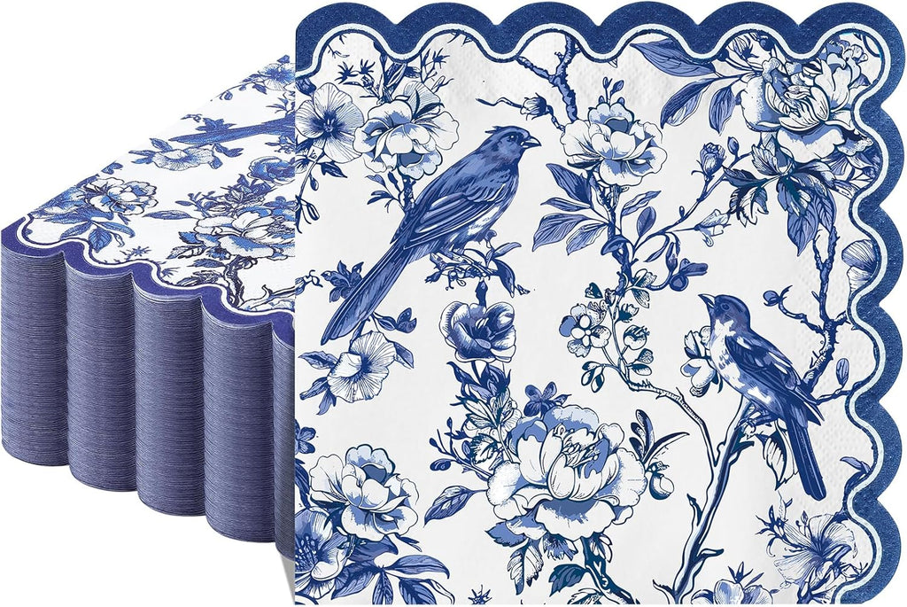 100 Pcs Blue Floral Napkins, 5 x 5 In Scalloped Cocktail Napkins