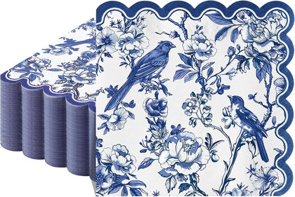 100 Pcs Blue Floral Napkins, 5 x 5 In Scalloped Cocktail Napkins