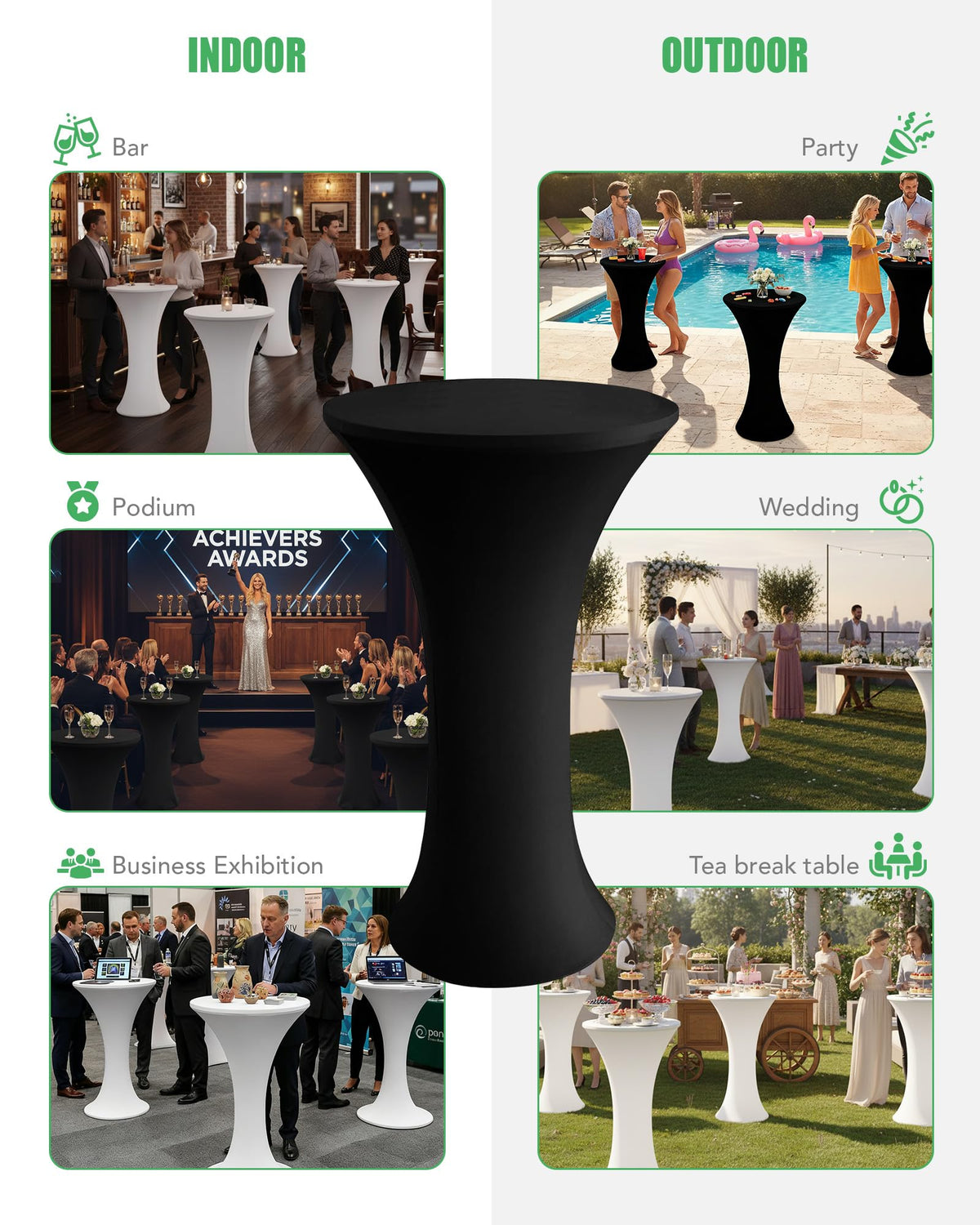 Spandex Cocktail Table Covers, 24x43 Inch, Black, 8 Pack