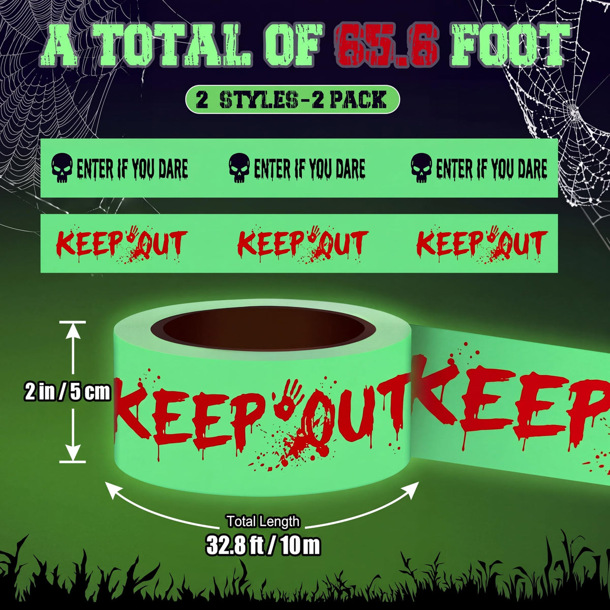 2 Rolls 2inx33ft Glow in the Dark Halloween Caution Tape, Keep Out