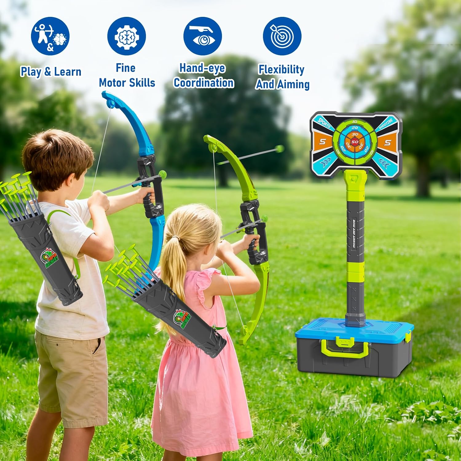 3 In 1 Bow and Arrow for Kids, Indoor Outdoor LED Light Up Archery Set Gift | Kids Bow and Arrow Set, 2 Pack LED