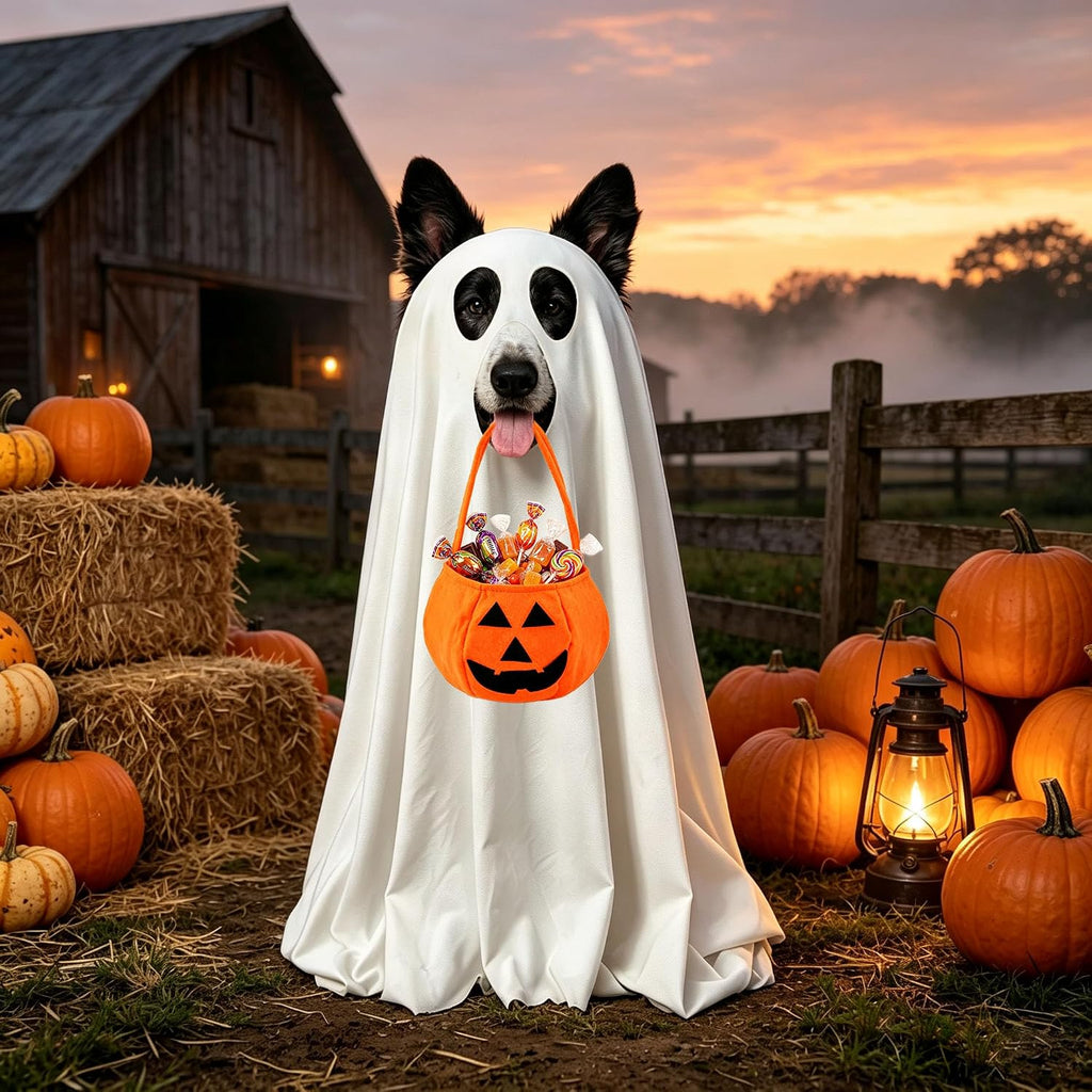 Dog Halloween Costumes, Dog Ghost Costume with Pumpkin Candy Bag Funny Halloween Dog Costumes for Small Medium Large