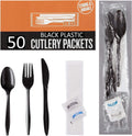 50 Plastic Cutlery Packets - Knife Fork Spoon Napkin Salt Pepper Sets | Black Plastic Silverware Sets Individually