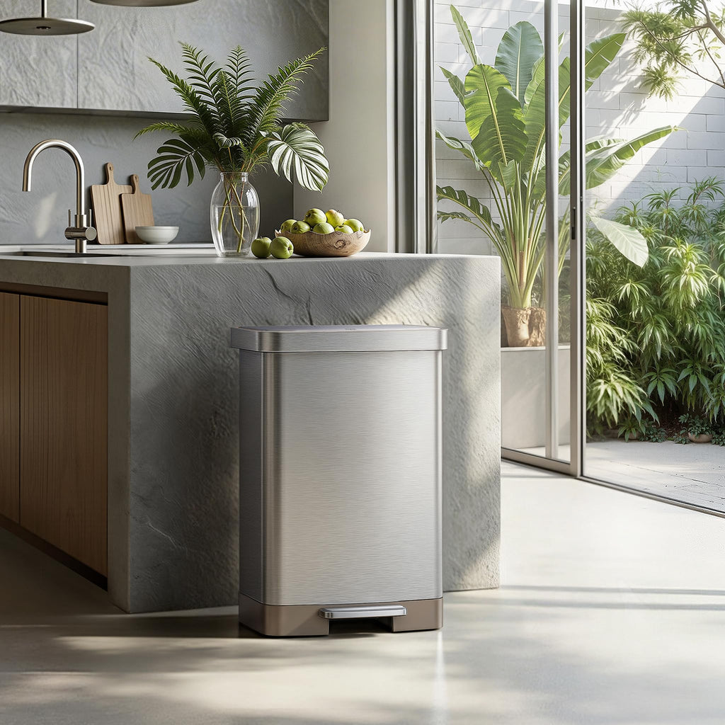 Hudson Matte Stainless 50 Liter/13.2 Gallon Step Trash Can with Rear Trash Bag Storage Compartment