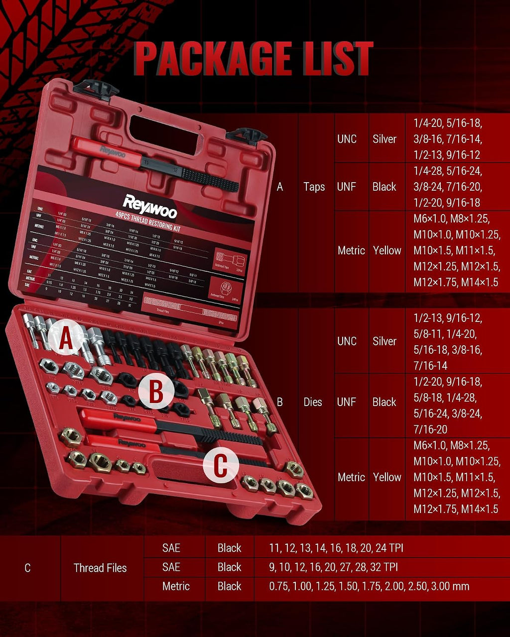 Reywoo 49 PC Thread Chaser Set, Metric and SAE Thread Restorer Tool