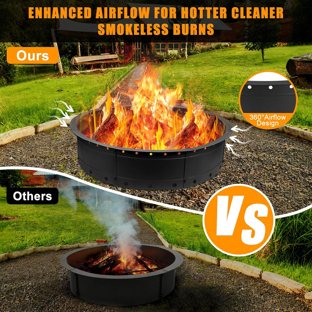 36 Inch Fire Pit Ring, Large Outdoor Campfire Pit for Patio Backyard Garden, Smokeless Steel Firepit with Air Vent