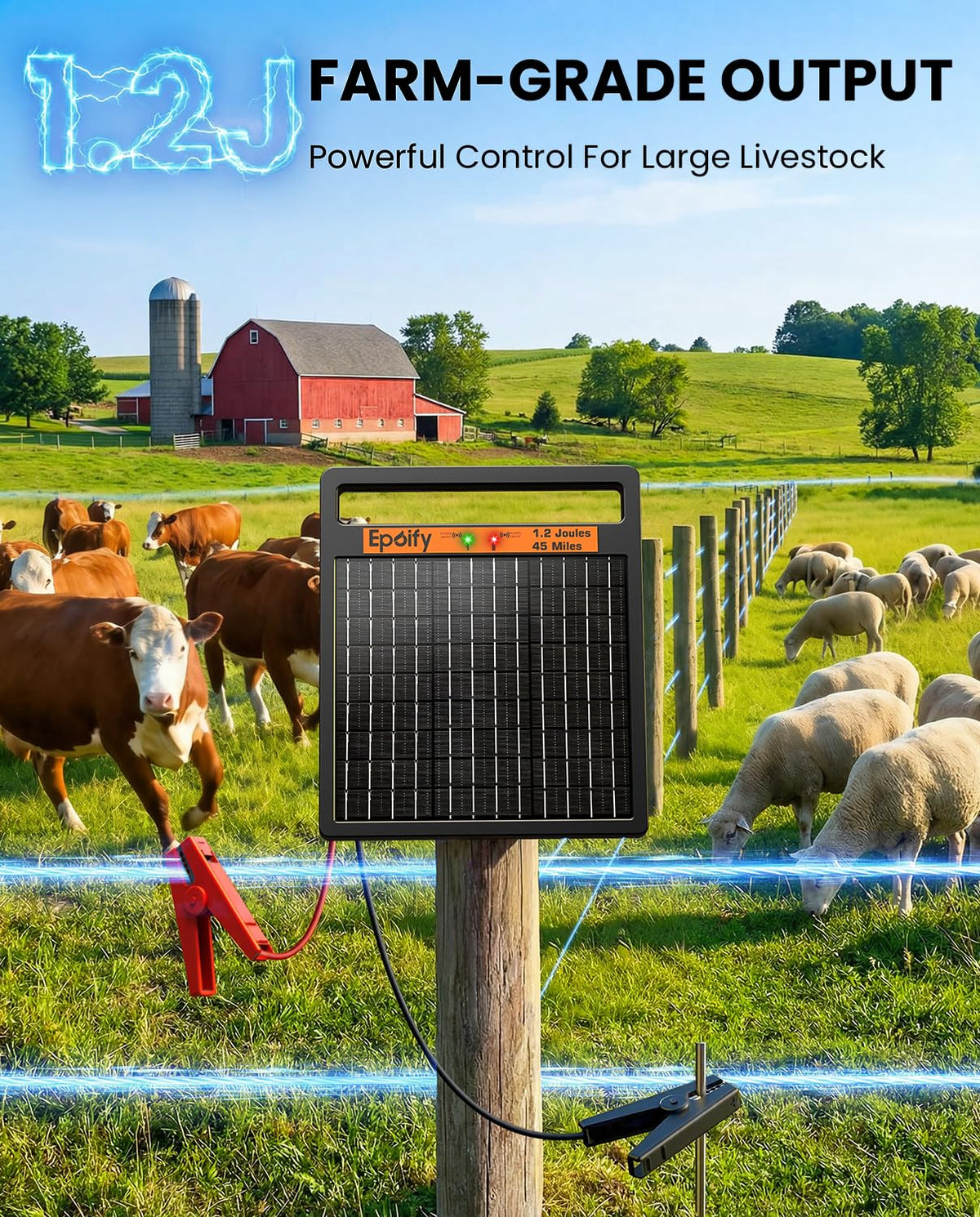 Solar Electric Fence Charger LD02, 1.2J with Short Circuit Alarm | 8W High-Efficiency Solar Panel • Solar + AC Backup