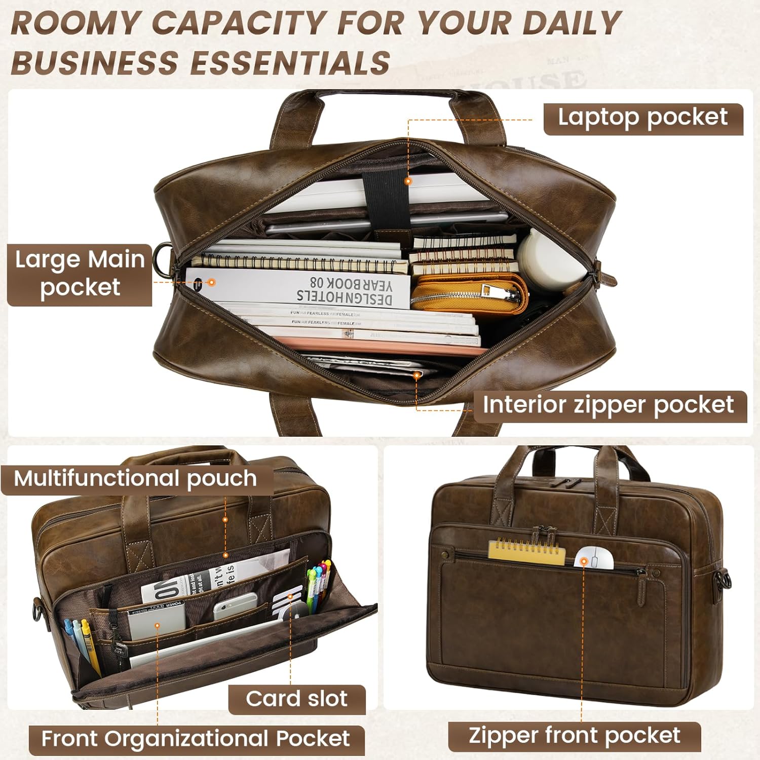 Mens Laptop Bag 16 Inch Leather Briefcase Vintage Messenger Bag for Men Large Crossbody Shoulder Office Computer Bag