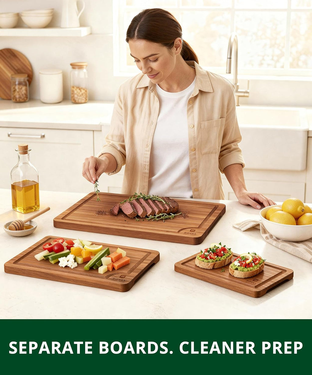 Wooden Cutting Boards for Kitchen Meal Prep & Serving - Non Toxic Bamboo Wood Cutting Board Set with Deep Juice