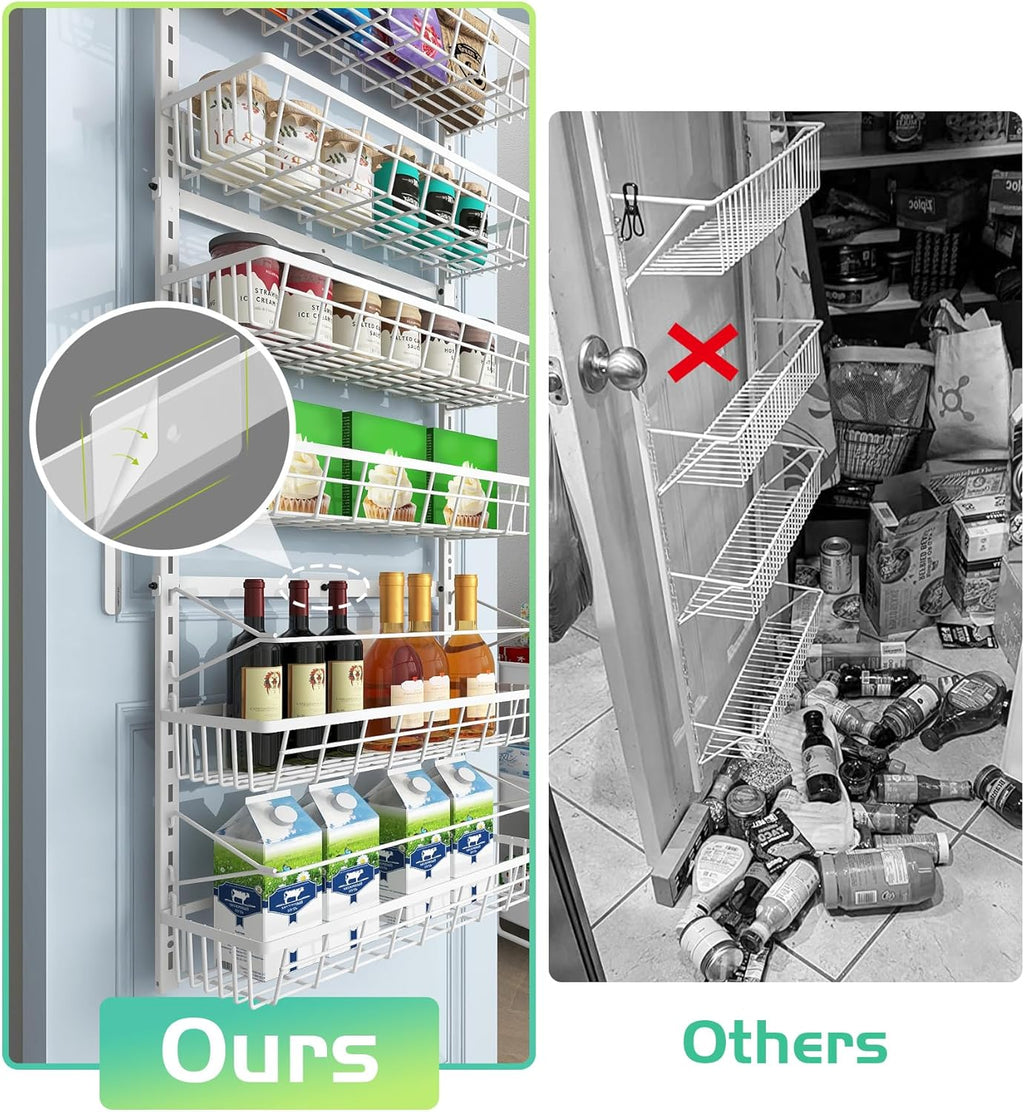 Over The Door Pantry Organizer, Wall Mount Spice Rack, Pantry Hanging Storage and Organization, 6 Adjustable Baskets