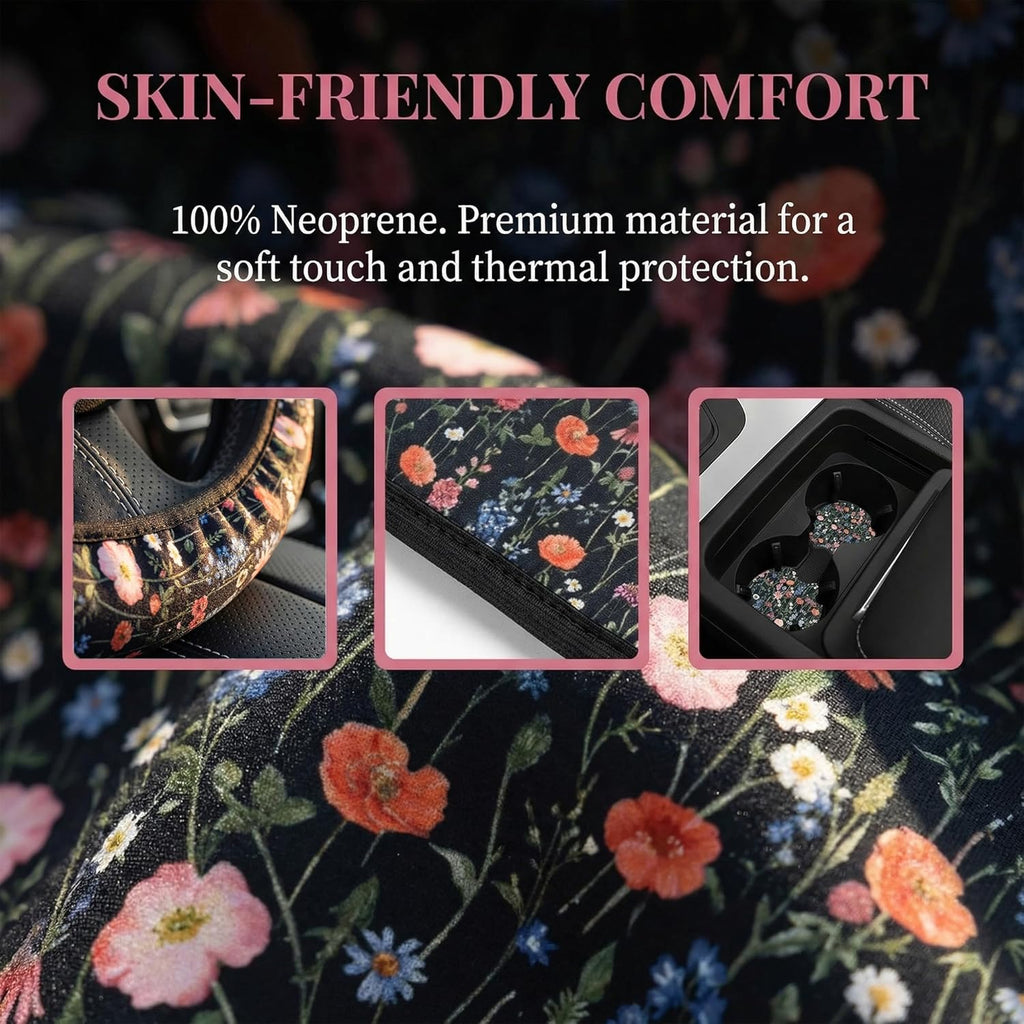 Wildflower Car Steering Wheel Cover + 2 Pieces Car Coasters 15 Inch | Multicolor Wildflower Steering Wheel Cover