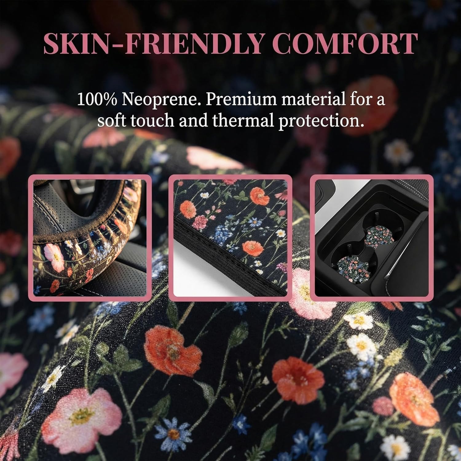 Wildflower Car Steering Wheel Cover + 2 Pieces Car Coasters 15 Inch | Multicolor Wildflower Steering Wheel Cover