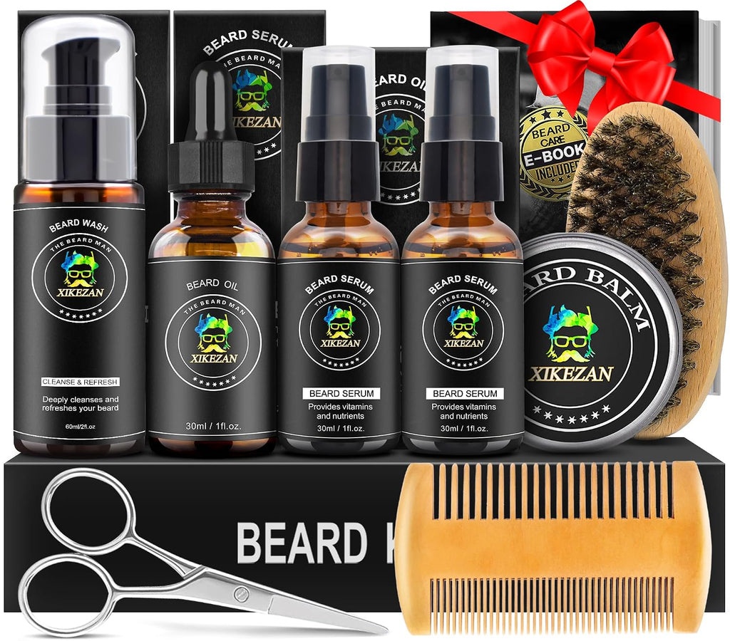 Beard Kit for Men Grooming & Care Set w/2 Pack Beard Serum, Wash, Oil, Balm, Comb, Brush, Scissor, Bag, EBook, Unique