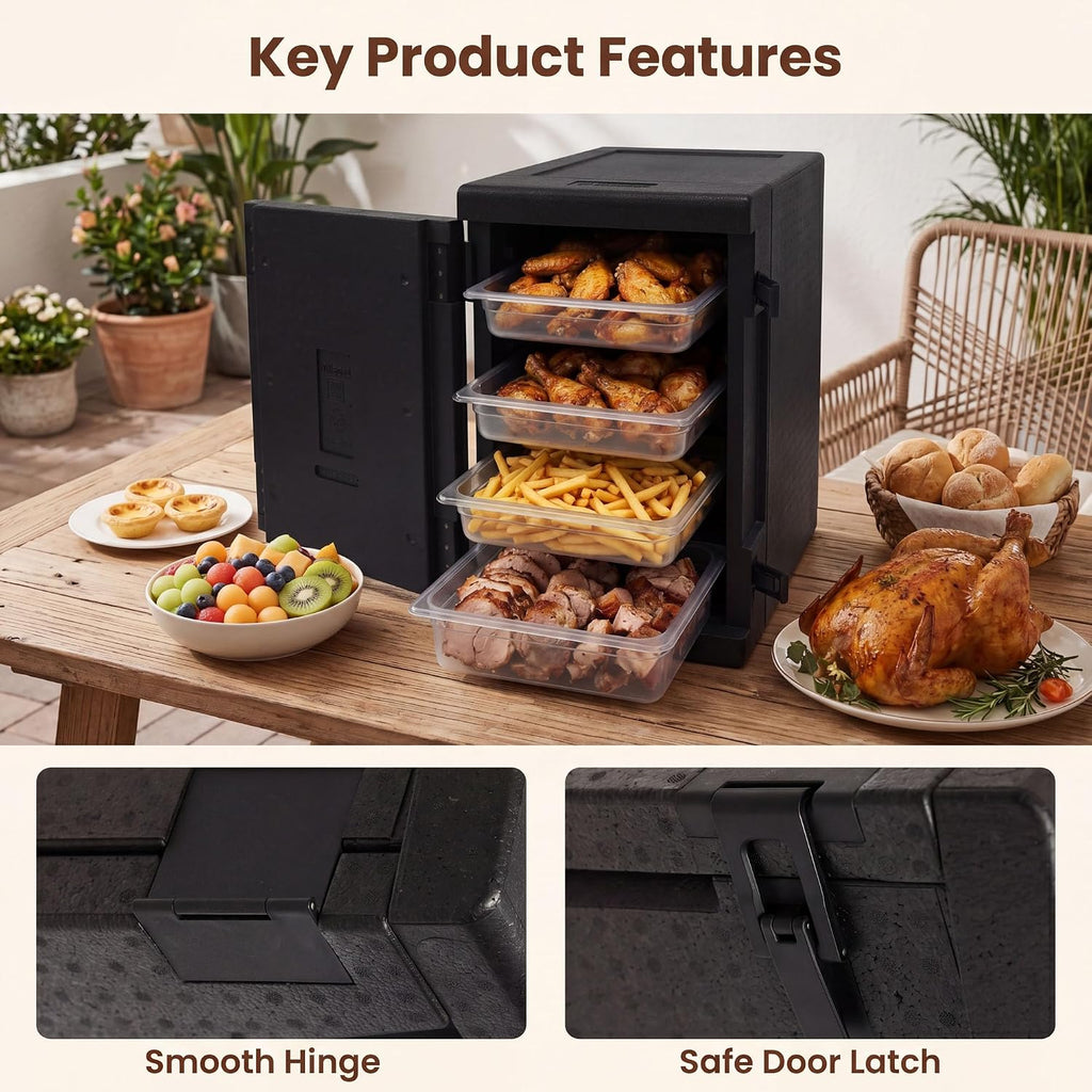 91 Qt Insulated Food Pan Carrier, Front-Loading Lightweight Hot & Cold Food Box with 12 Shelf Dividers & Safety