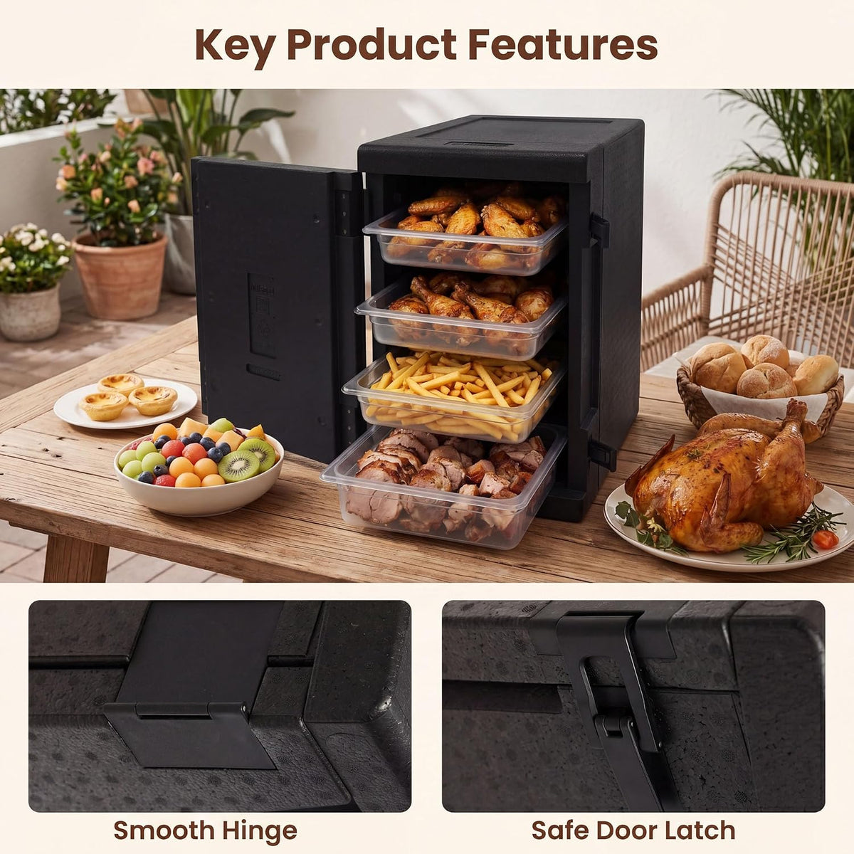 91 Qt Insulated Food Pan Carrier, Front-Loading Lightweight Hot & Cold Food Box with 12 Shelf Dividers & Safety