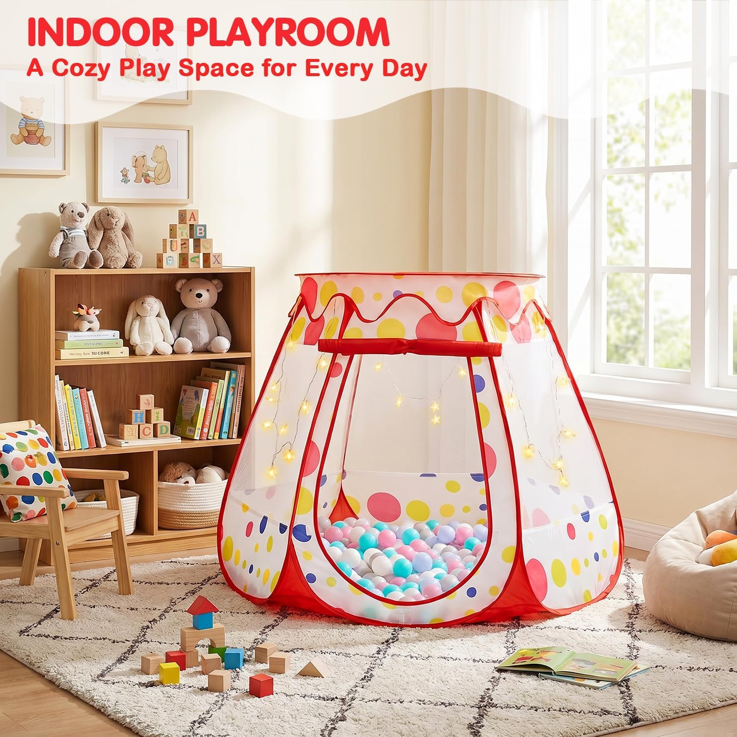 PopUp Princess Tent, Toddler Girl Toys Baby Ball Pit with LED Star Lights, Foldable Kid Play Tent with Carrying Bag
