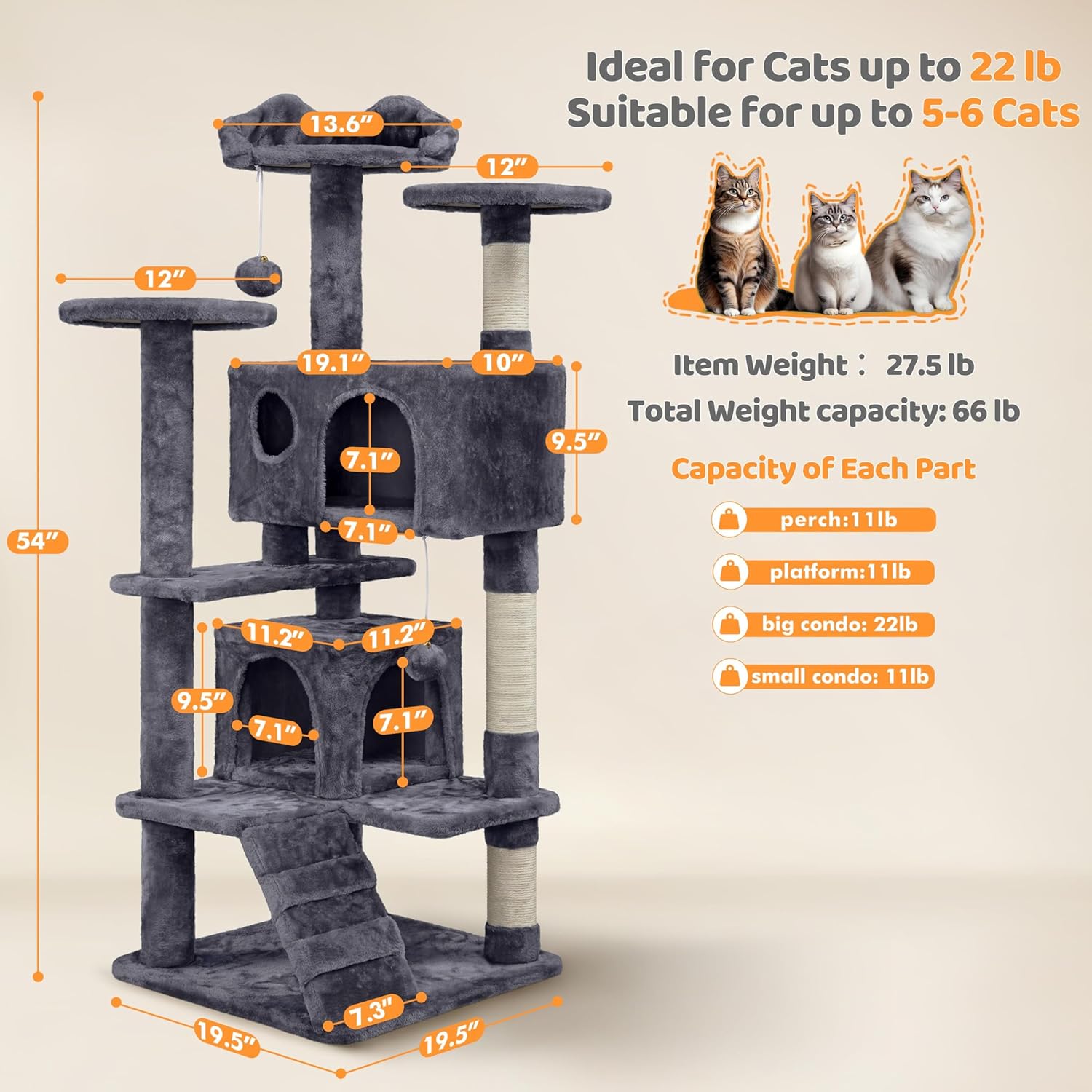 Yaheetech 54in Cat Tree, Multi-Level Cat Tower with Spacious Kitten-ear Perch, 2 Cozy Caves, Scratching Posts